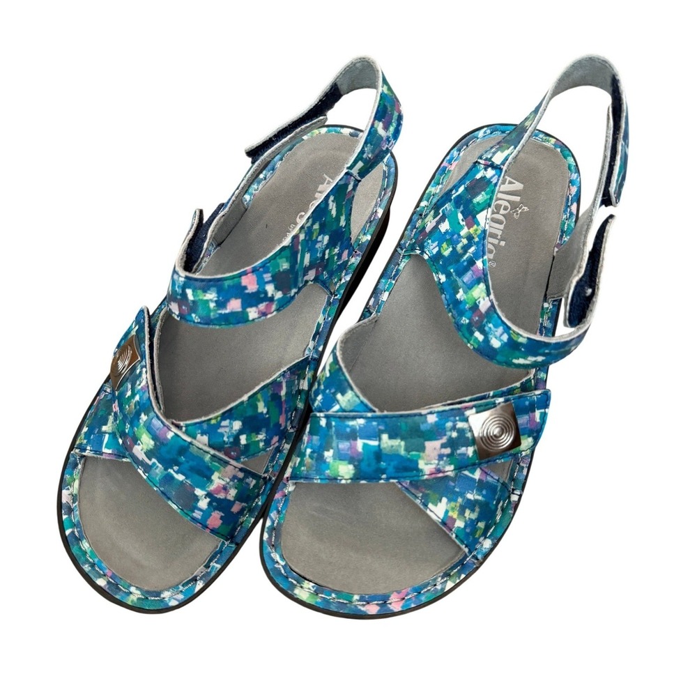 Alegria PG Lite Women Blue Multi Mosaic Print Rocker Wedge Sandals Size 39